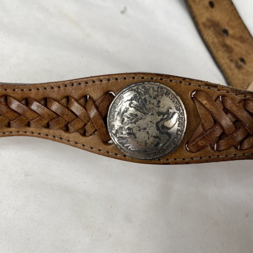 Indiana Metal Leather Belt Brown Silver Domed Walking Liberty Coins Concho - Picture 7 of 16